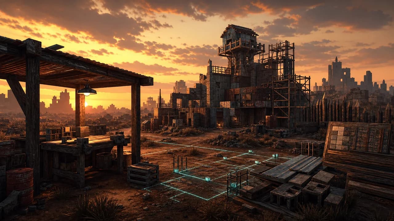 Conceptual post-apocalyptic construction site in warm orange evening light.