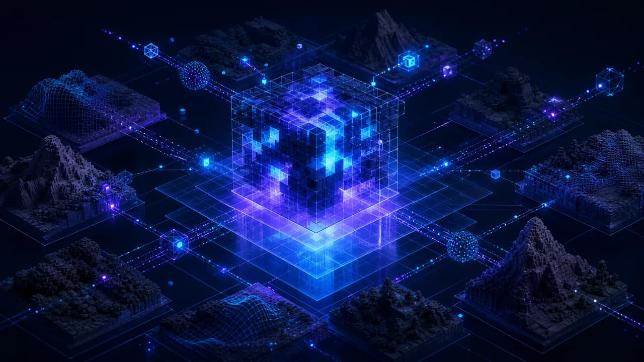 Abstract visualization of voxel rendering, data streams, and network lines.
