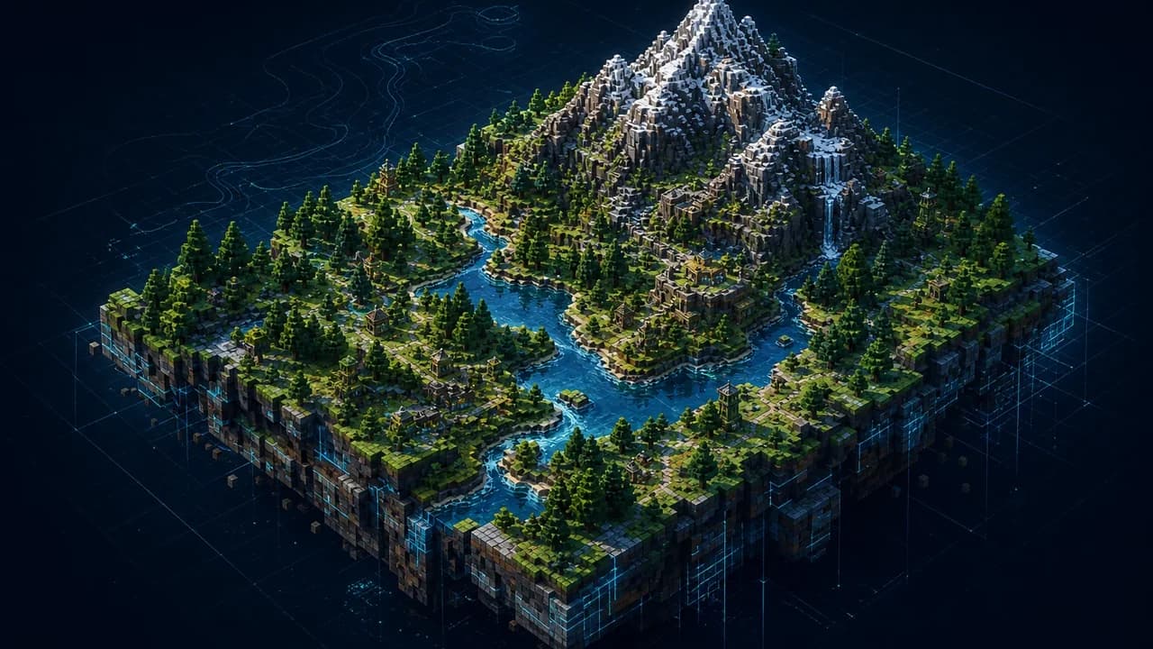 Conceptual voxel world featuring mountains, forest, water, and a geographic grid.
