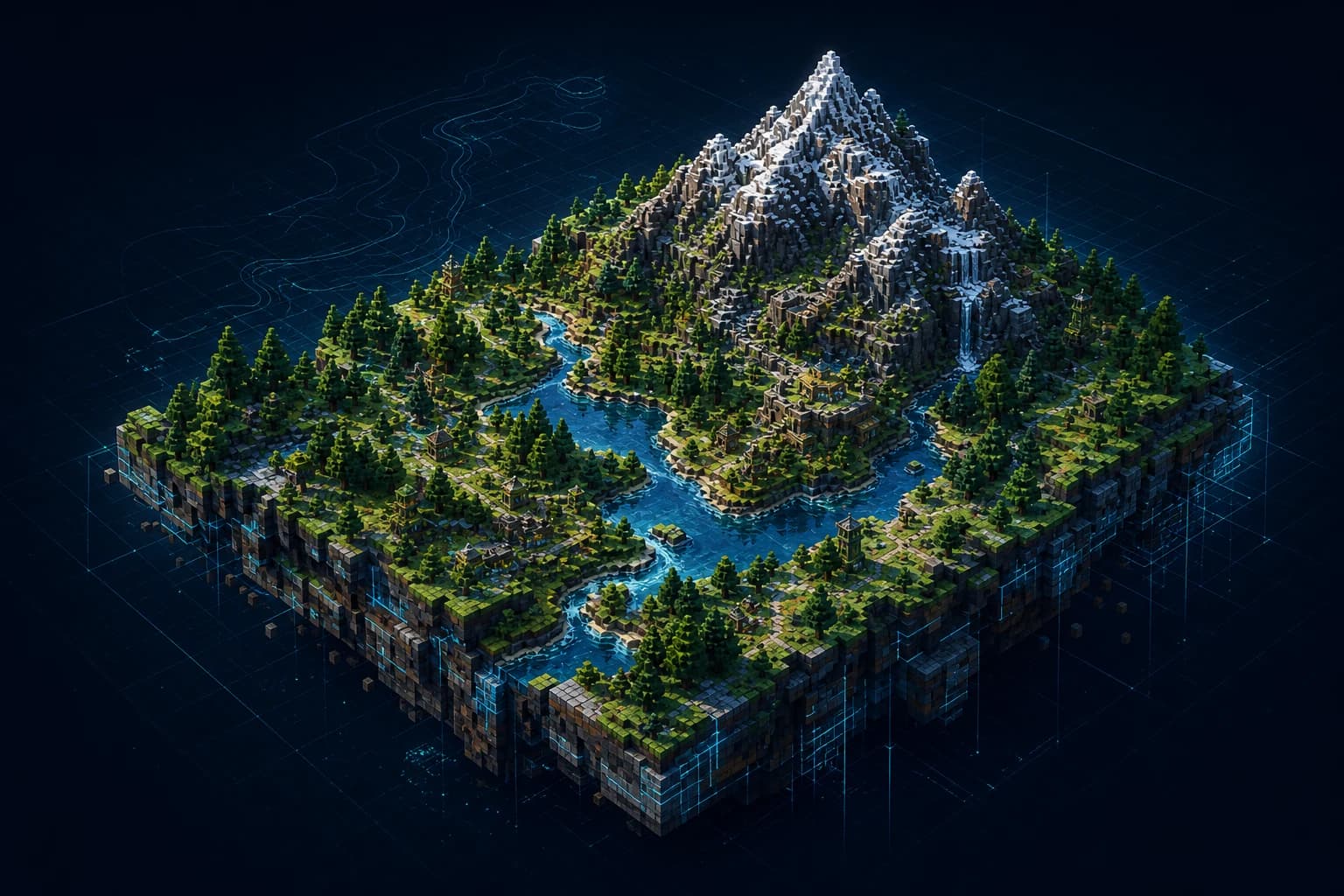 Conceptual voxel terrain model with a geographic grid for TerraWeave.